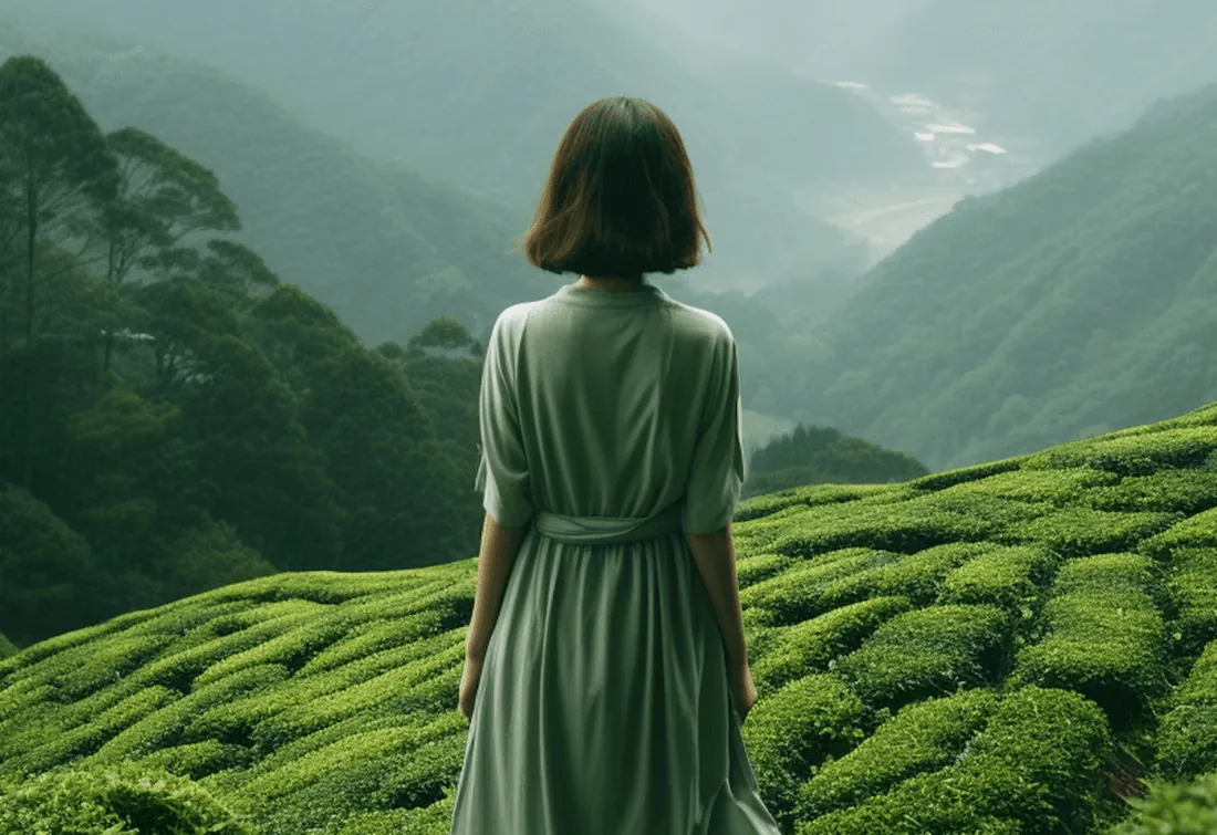 A woman looking over green tea fields