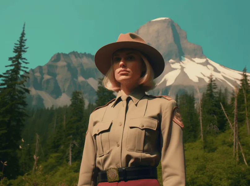 A ranger in a hat in front of the mountains
