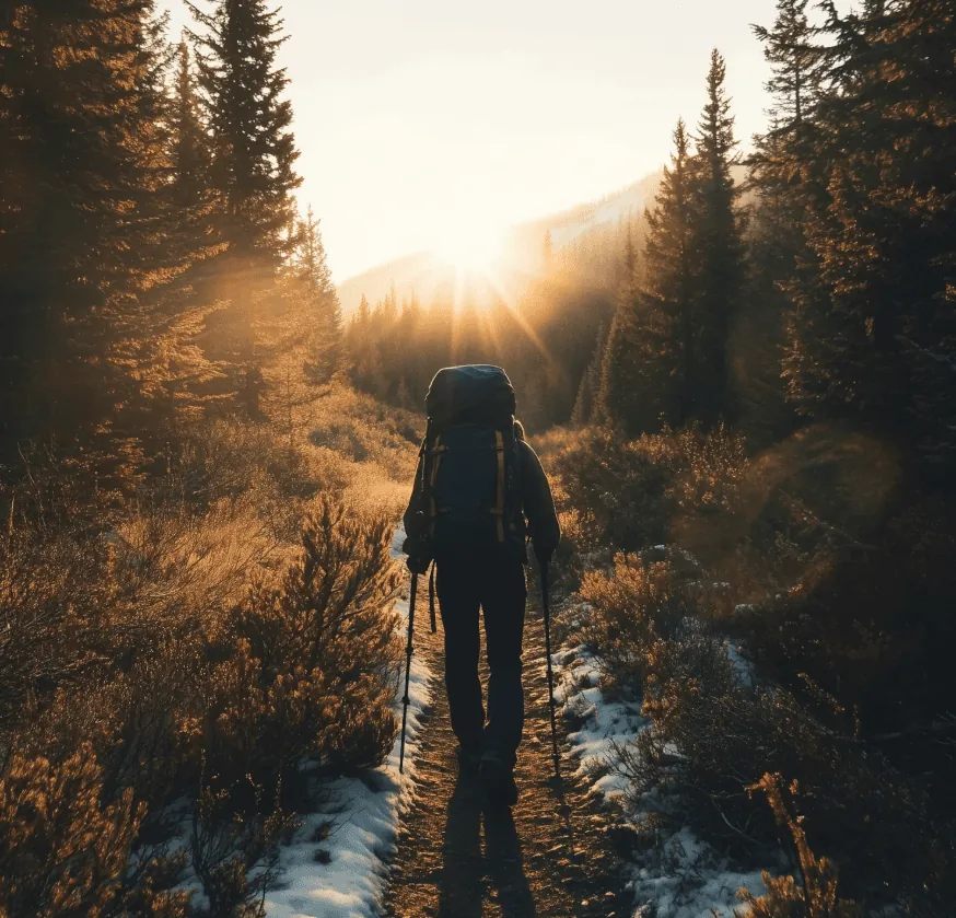 A hiker on a forest path at sunrise