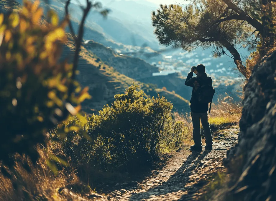 A hiker looking out from a mountain trail