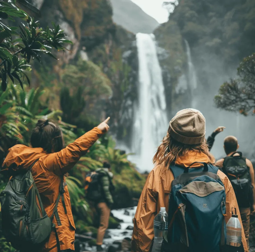 Hikers pointing at a waterfall