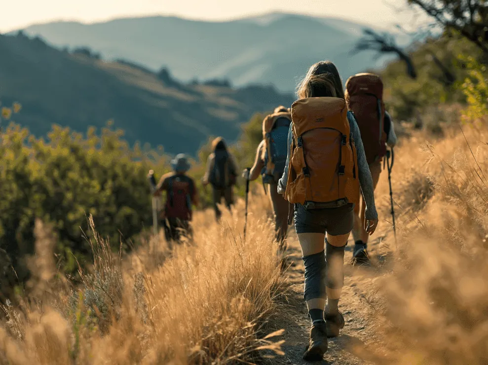 Hikers walking through golden grass