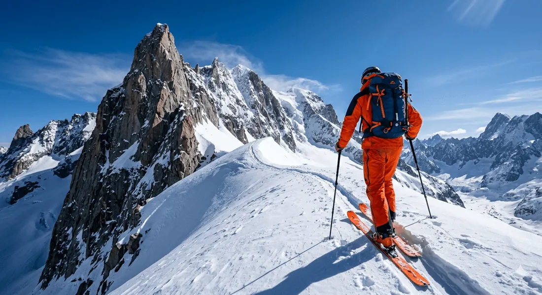 A skier climbing a snowy ridge