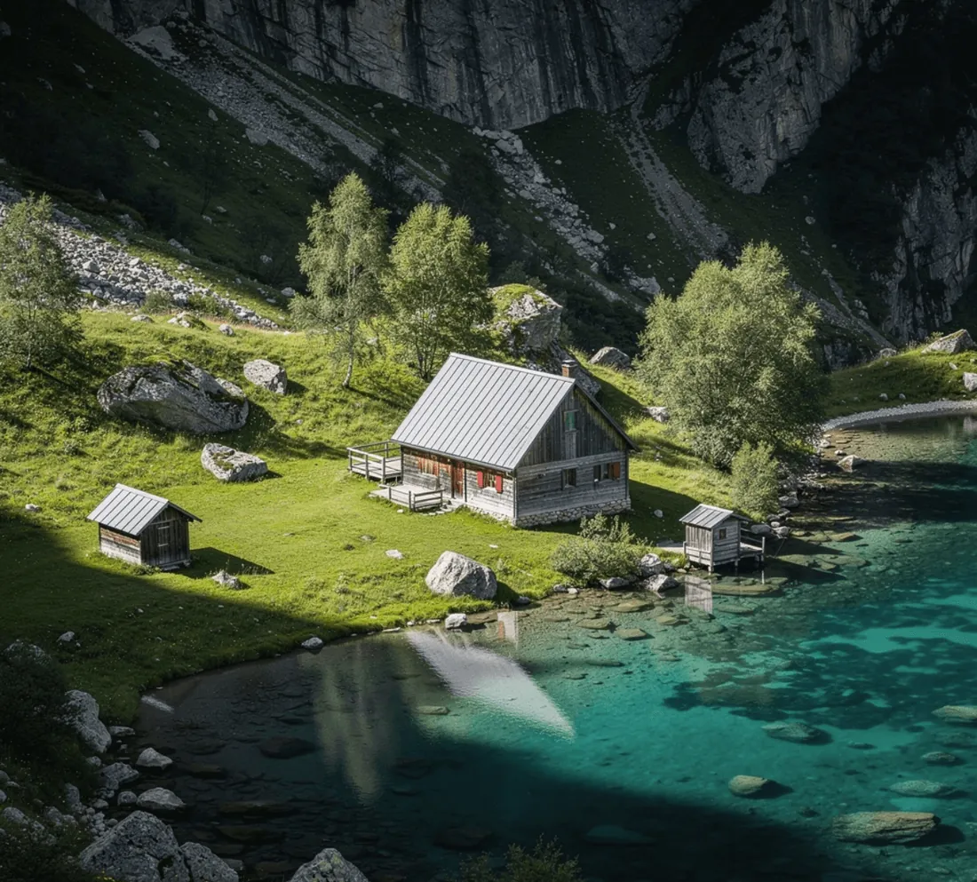 A wooden cabin by a mountain stream