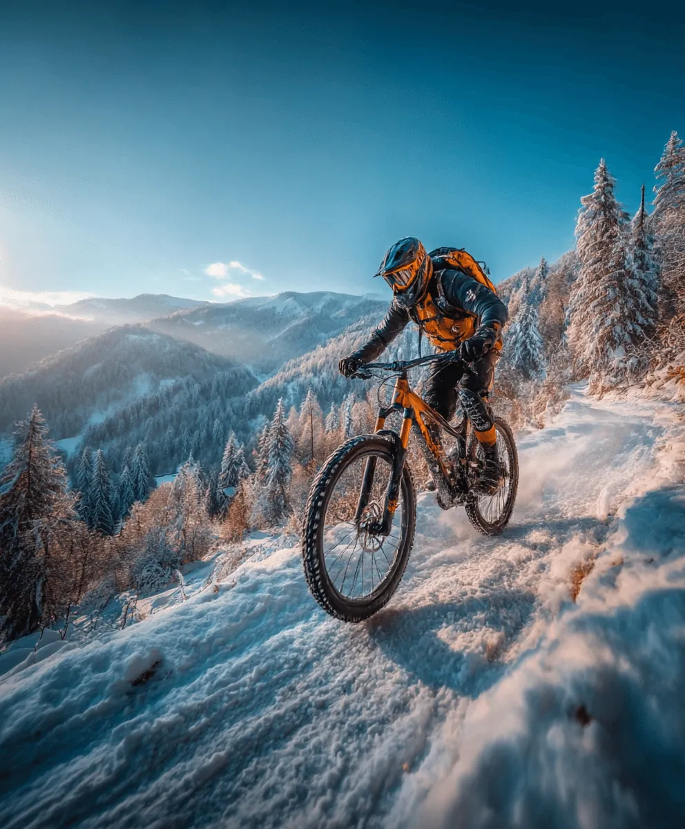 A cyclist riding down a snowy slope