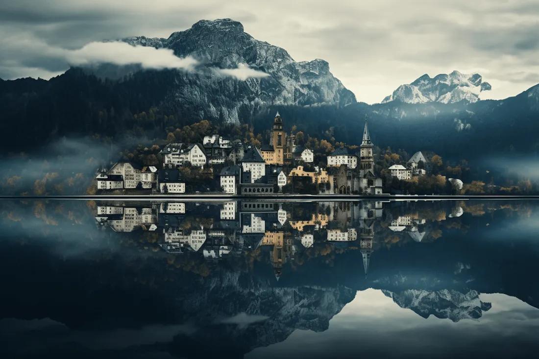 A lakeside village under misty mountains