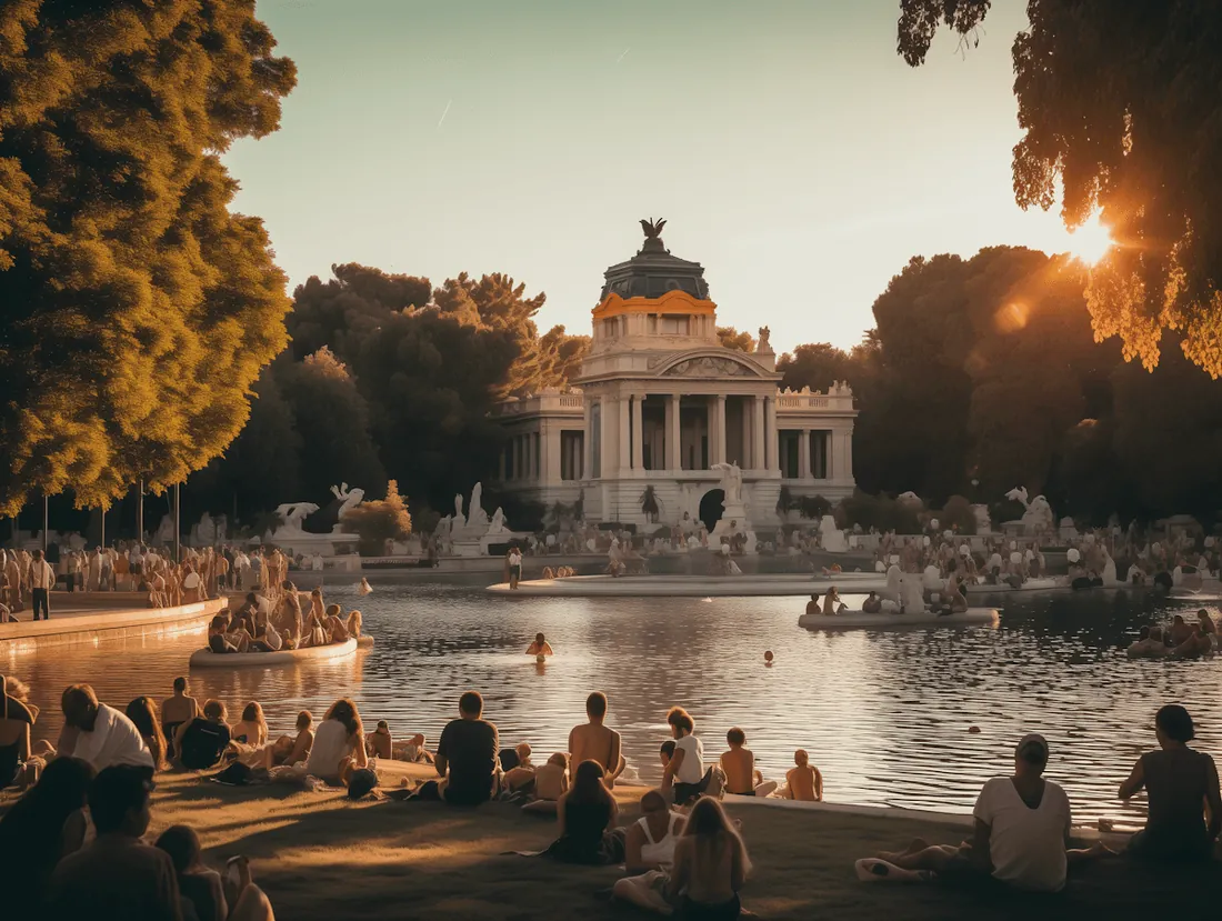 People by a fountain in front of a palace at sunset
