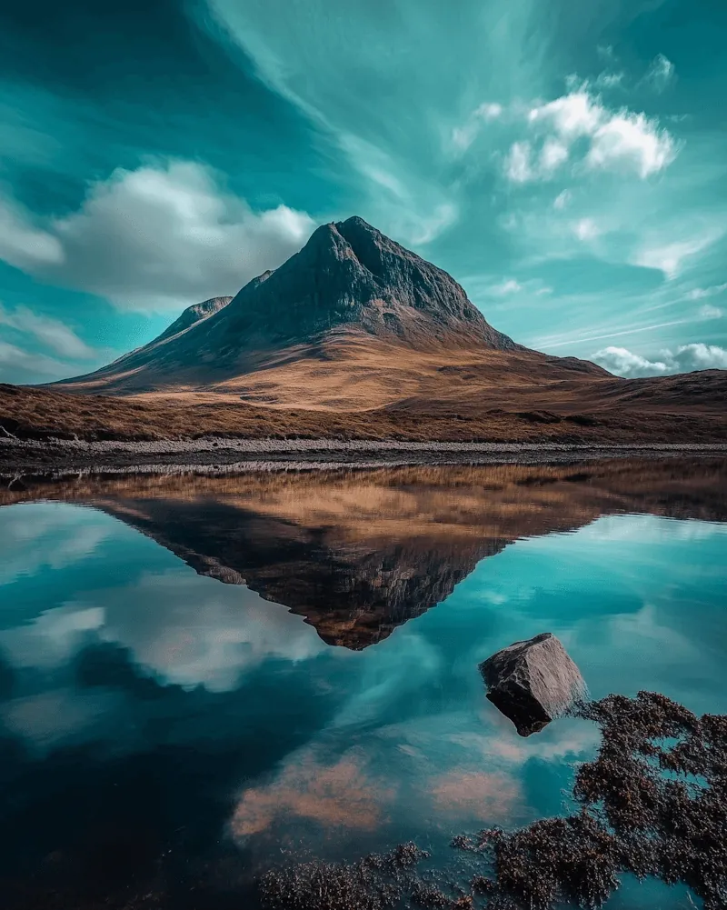 A dark mountain mirrored in a still lake