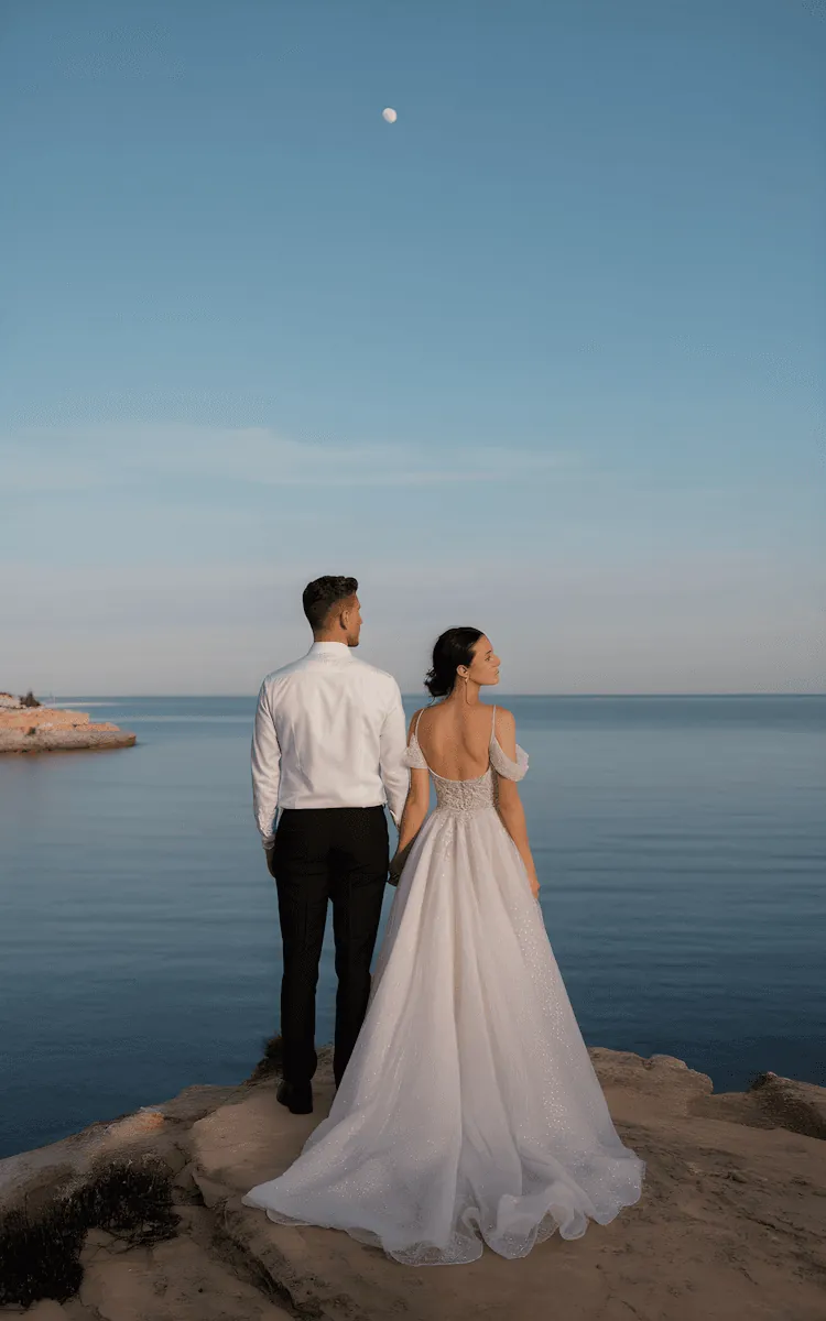 A bride and groom by the sea