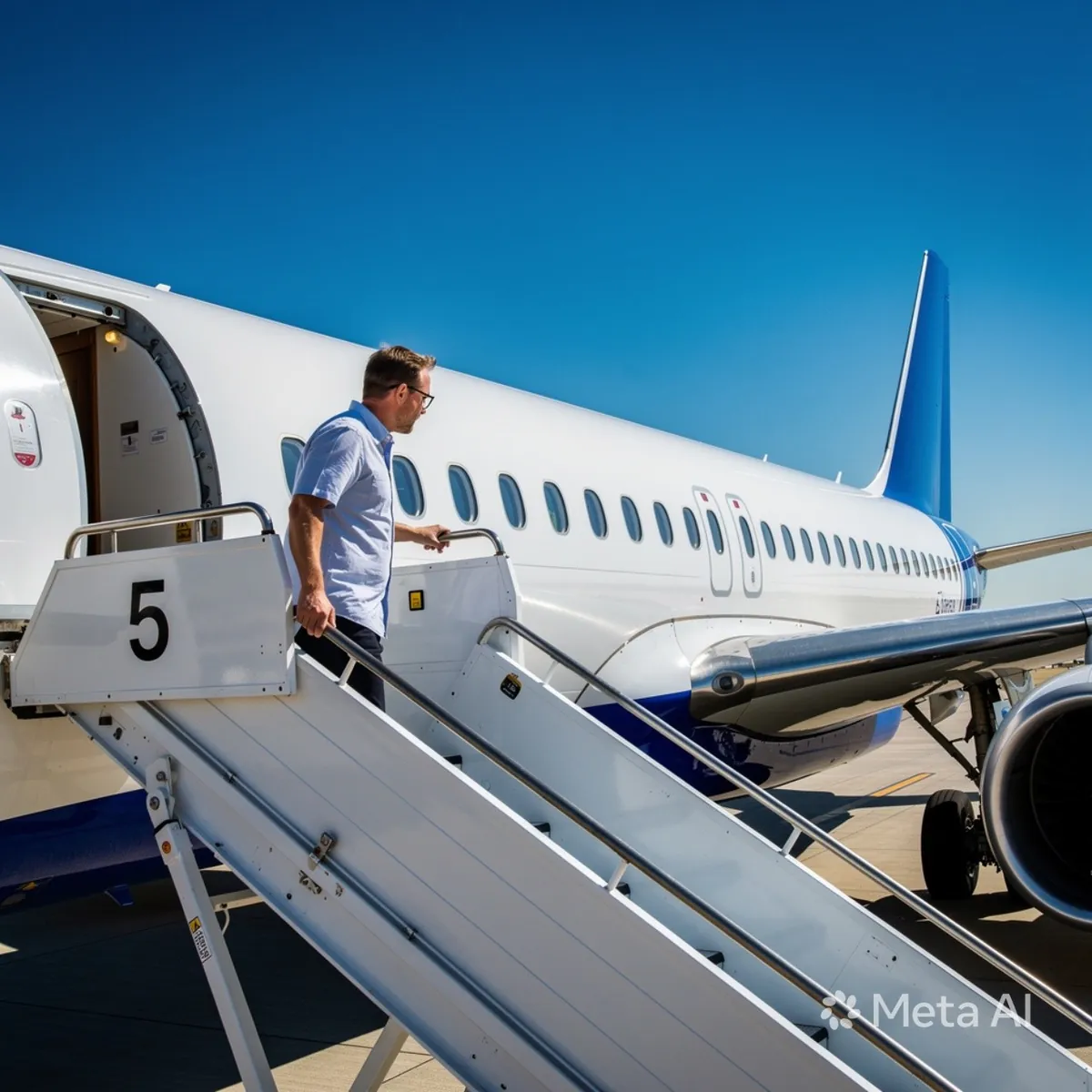 A traveller climbing the stairs to a plane