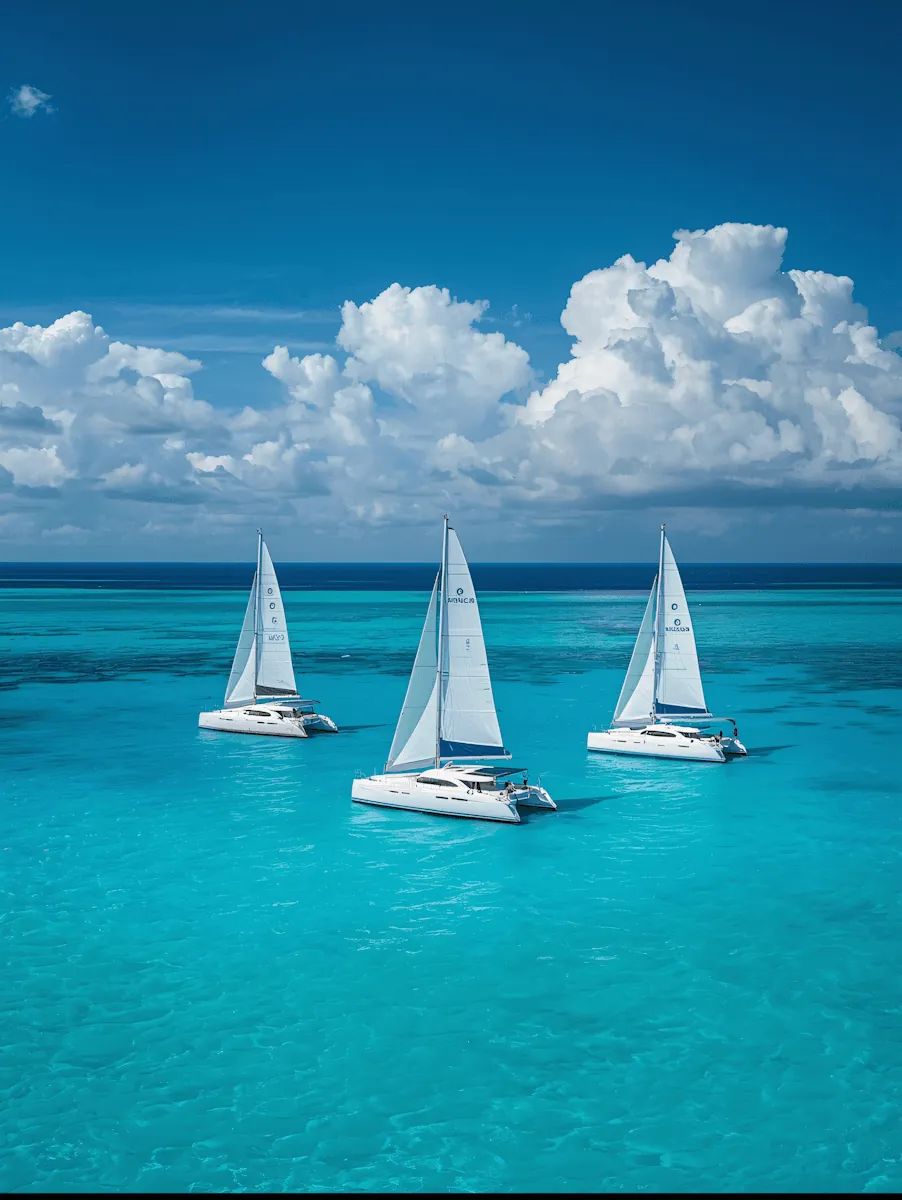 Three sailing yachts on a turquoise sea