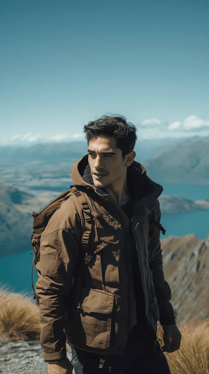 A man in a winter jacket in the mountains