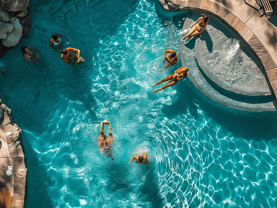 Swimmers in a clear blue pool seen from above