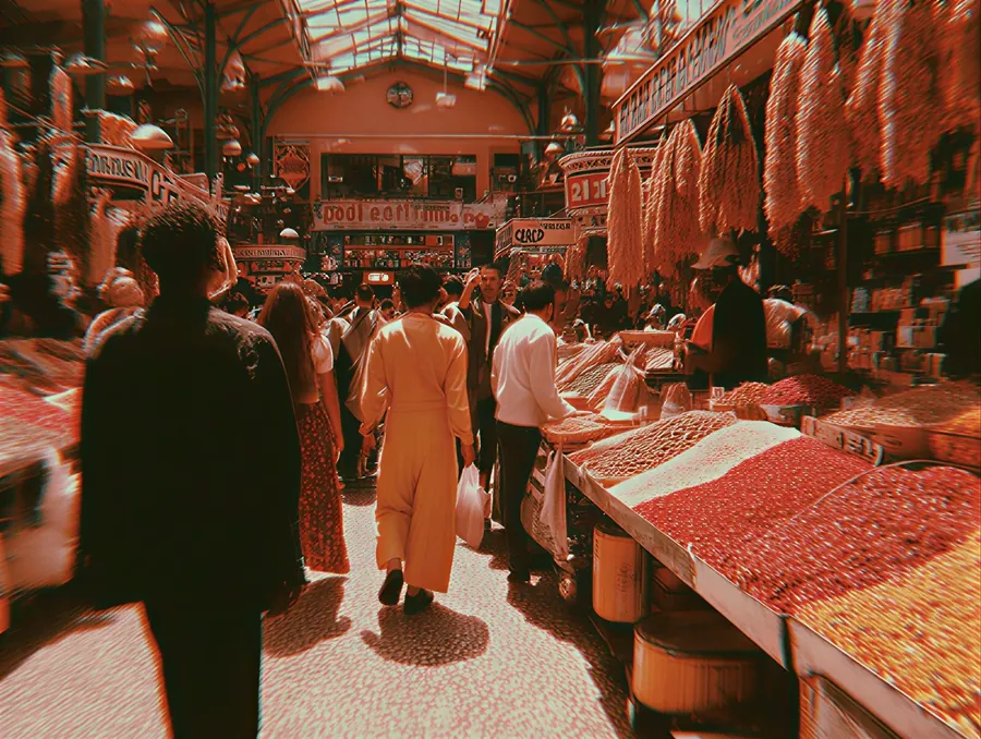 A crowded market street with spice stalls