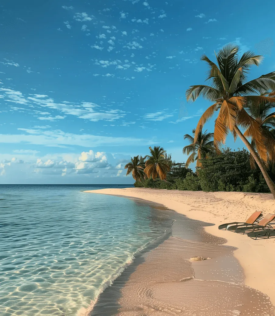 A palm-lined beach with loungers by clear water