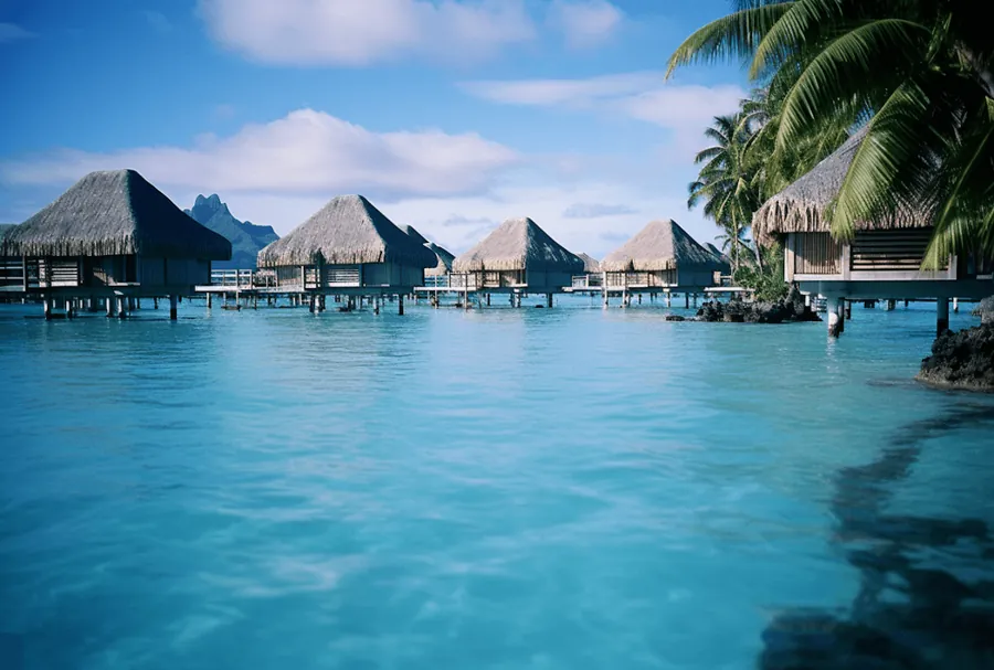 Overwater bungalows on a turquoise lagoon