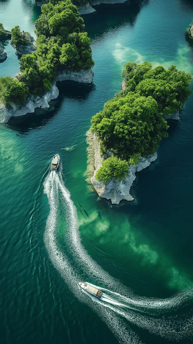 A boat cutting a white wake past a green island