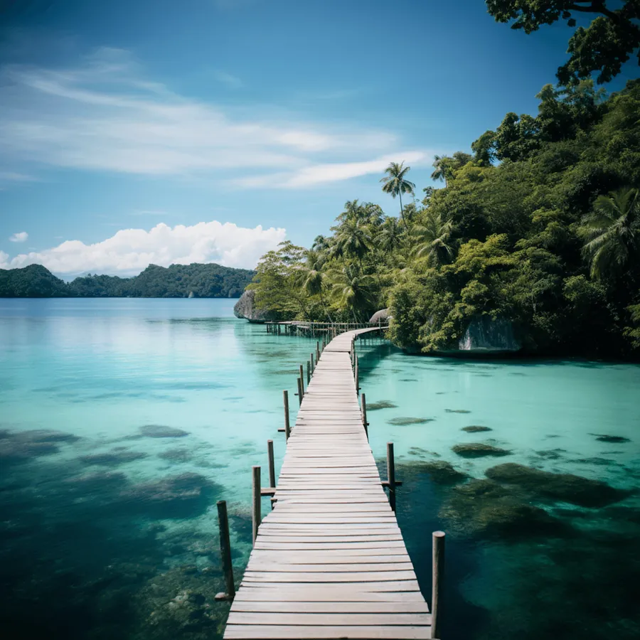 A wooden jetty leading to a green island