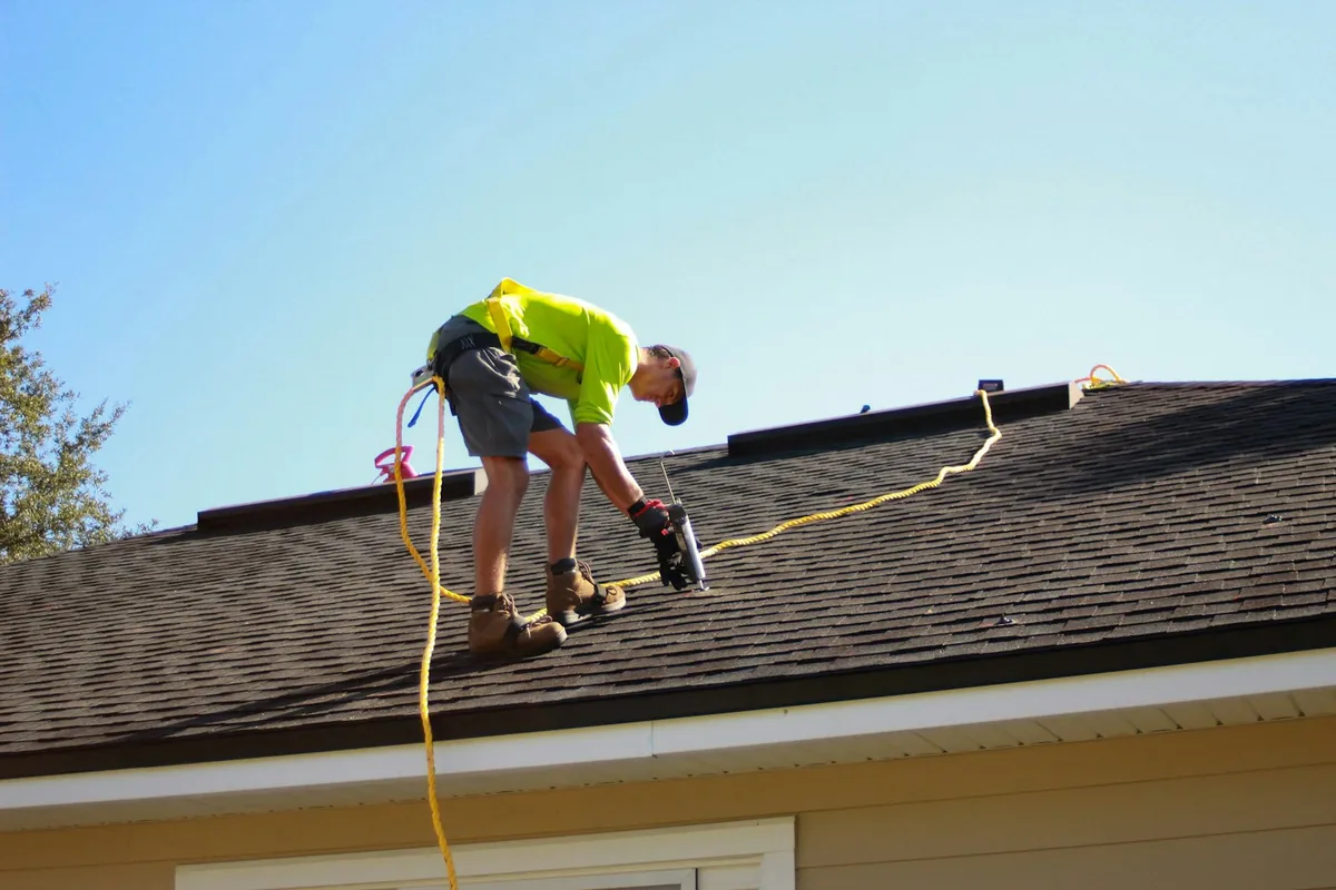 A technician soft washing a shingle roof