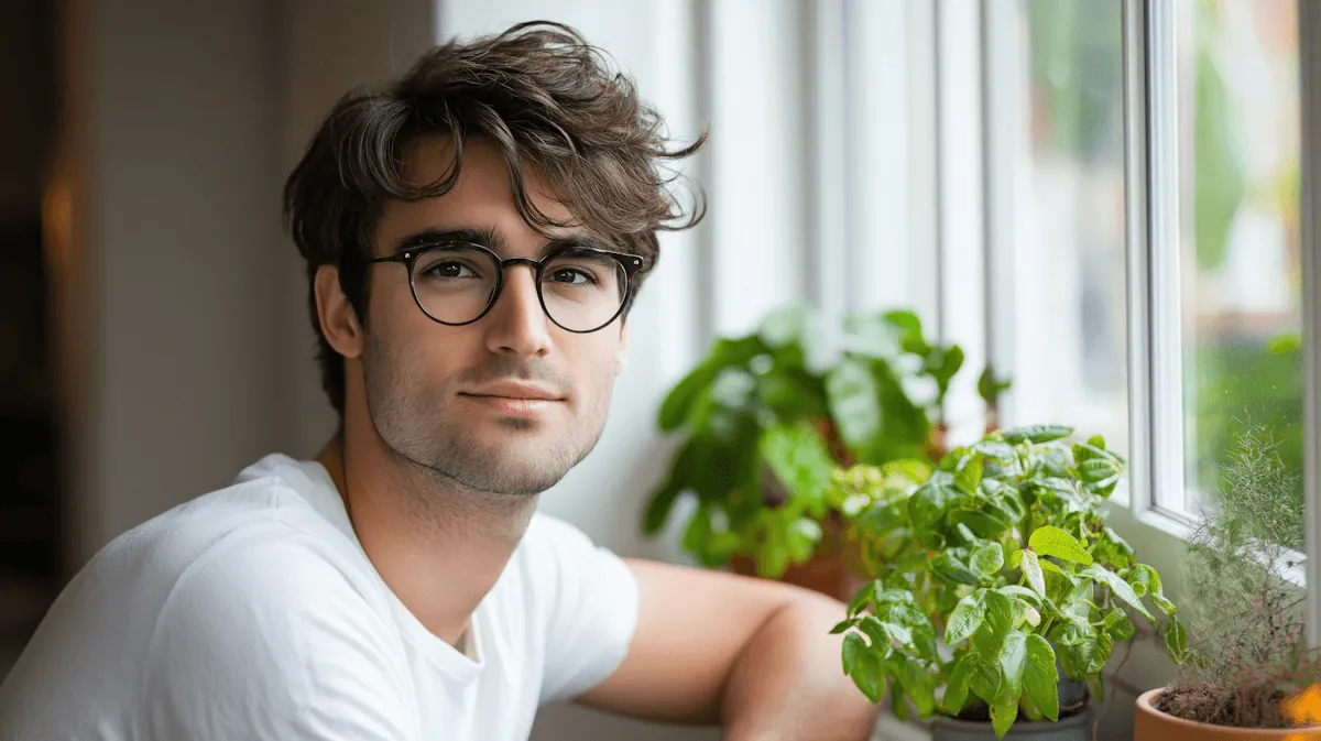 A young man in glasses by a window with plants