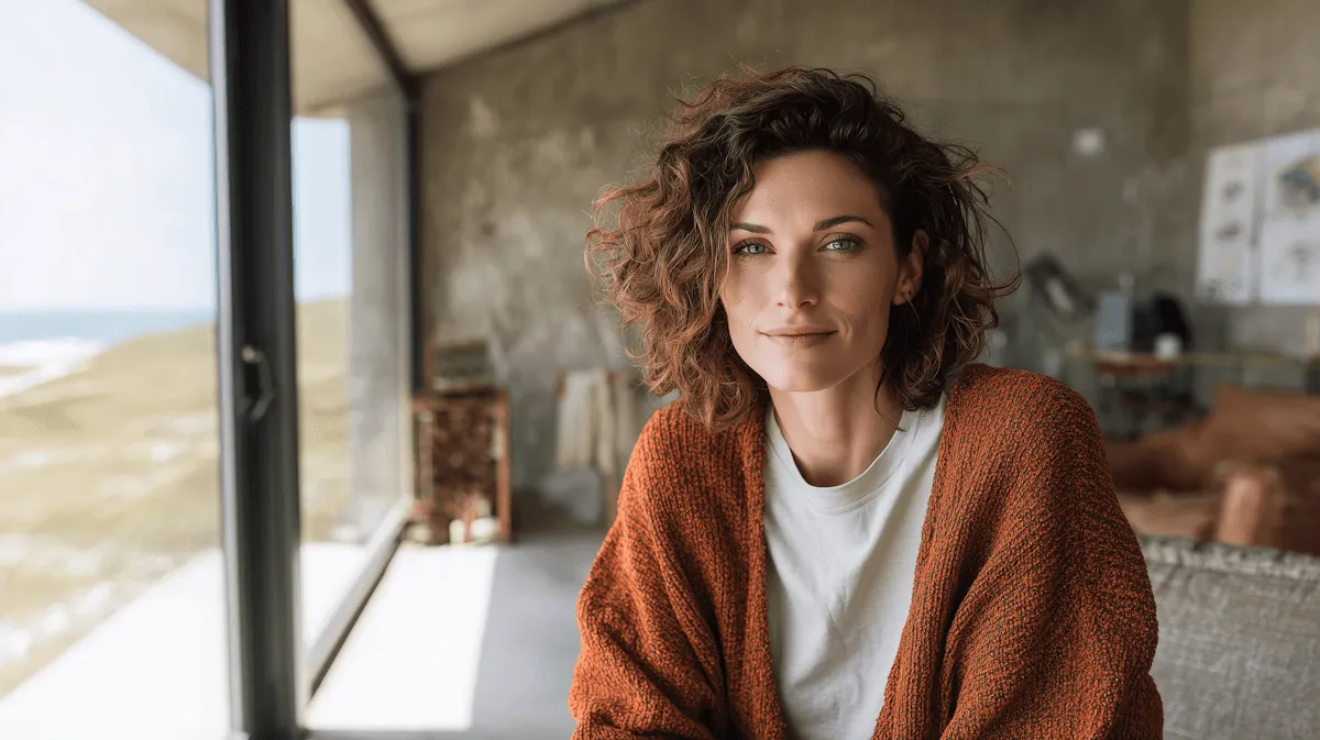 A woman in an orange cardigan by a window