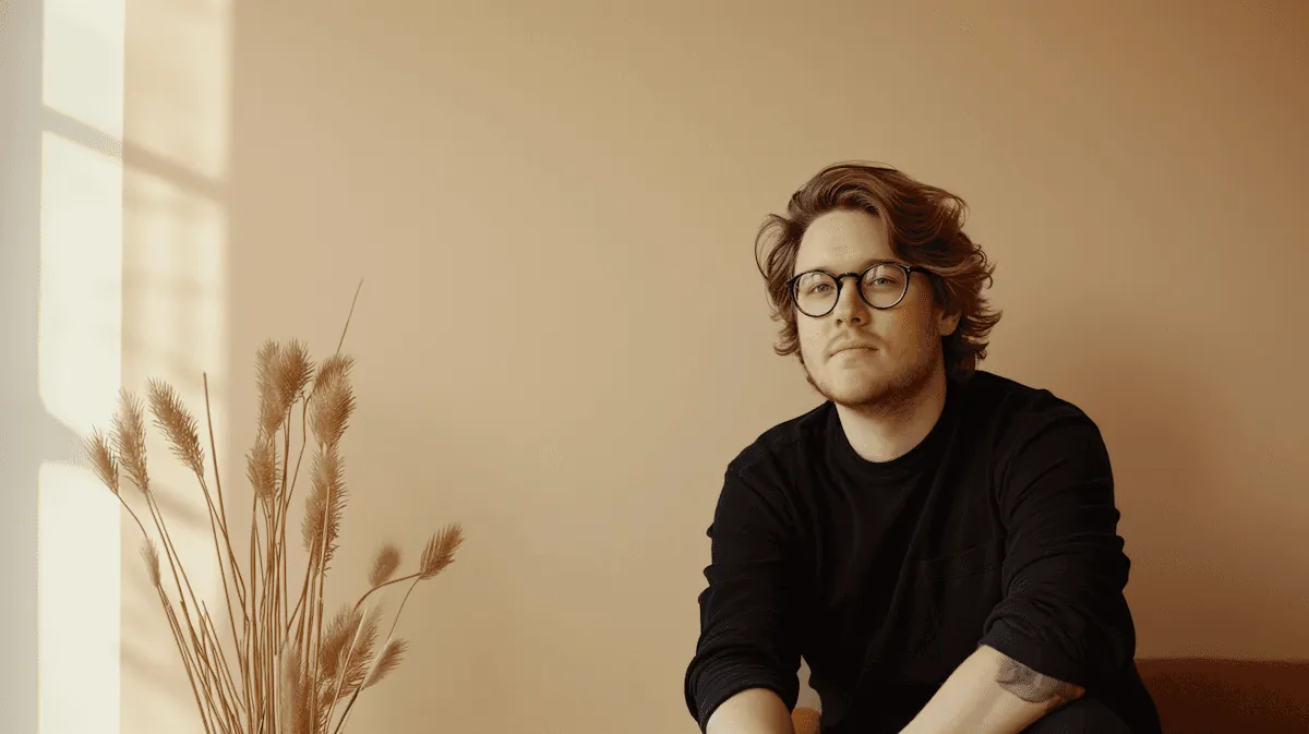 A man in glasses beside dried grasses